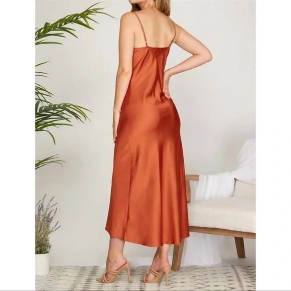 NWT BCBGeneration Silky Satin Cooper Rose Rust Slip Maxi Dress Medium - Picture 2 of 12